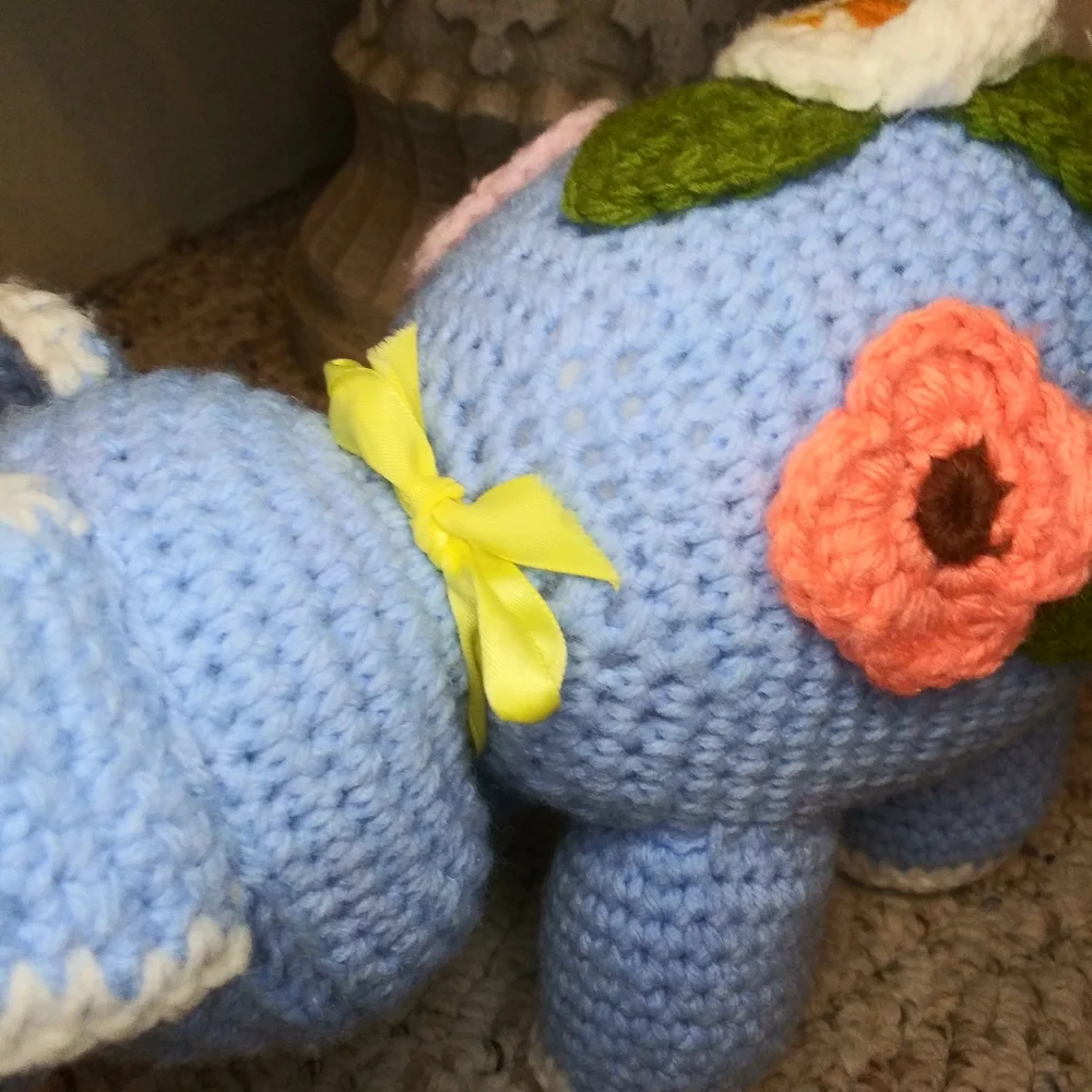 3/$18 Vtge. Blue/White Hand Crocheted Cottagecore Style Pig With Pastel Flowers